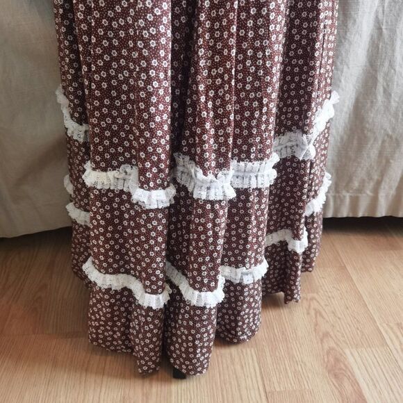 70s Prairie Dress With Daisy Print Brown Cotton Fabric Lace full skirt festival - Picture 3 of 9